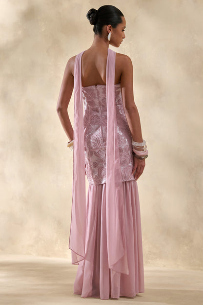 Meraly | Pink Sequin Bandeau Maxi Dress With Scarf-Detail