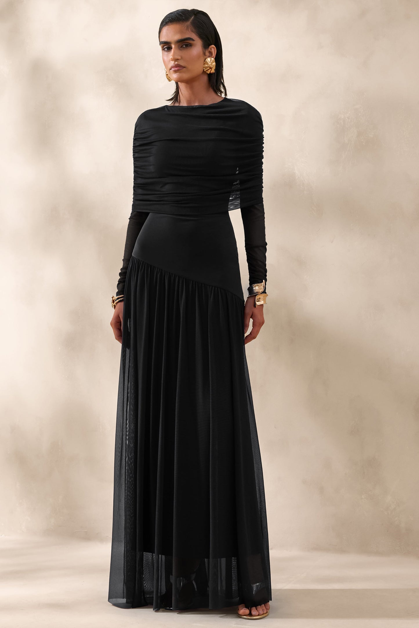 Enalia | Black Mesh Slashed-Neck Maxi Dress With Short-Cape