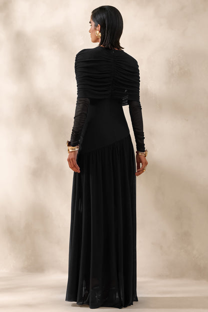 Enalia | Black Mesh Slashed-Neck Maxi Dress With Short-Cape