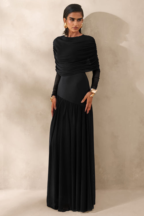 Enalia | Black Mesh Slashed-Neck Maxi Dress With Short-Cape