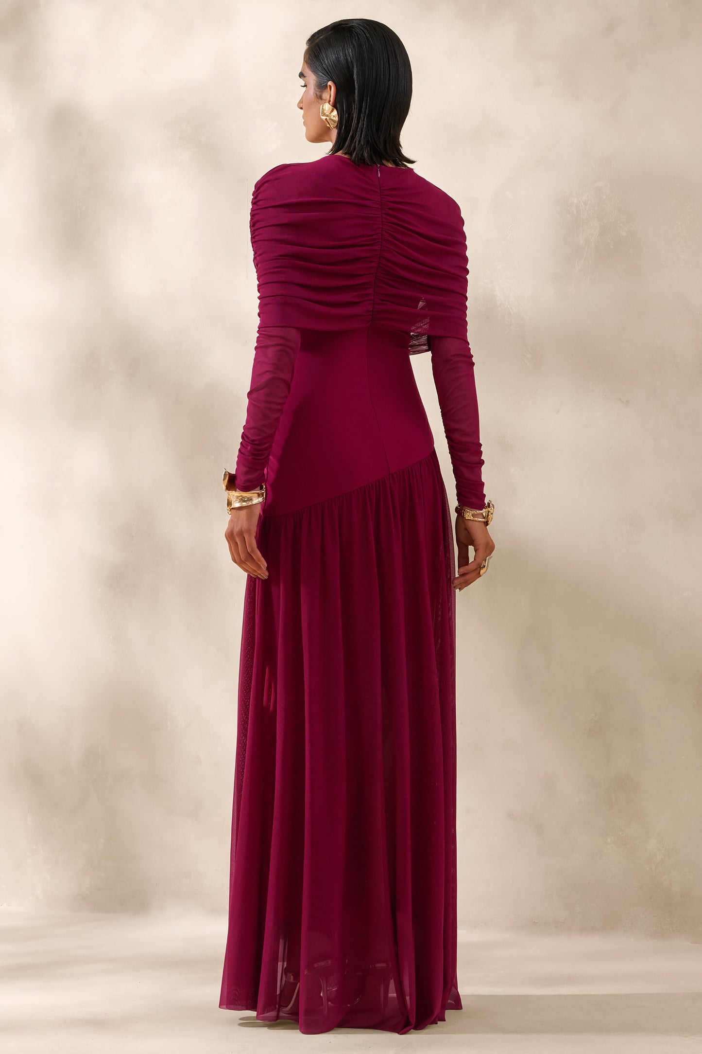 Enalia | Burgundy Mesh High-Neck Maxi Dress With Short-Cape
