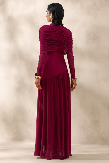Enalia | Burgundy Mesh High-Neck Maxi Dress With Short-Cape
