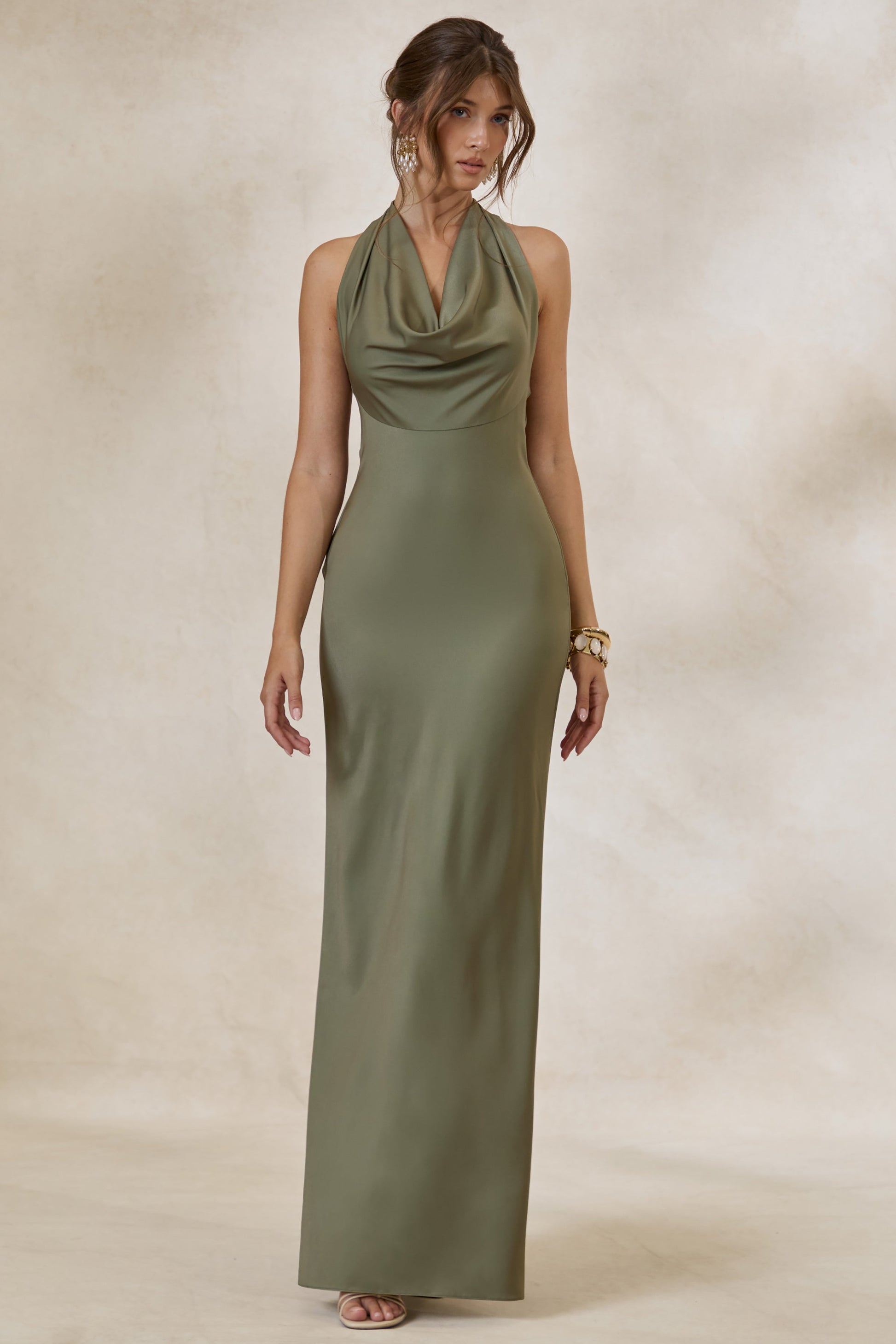 Aralisse | Khaki Satin Cowl-Neck Maxi Dress