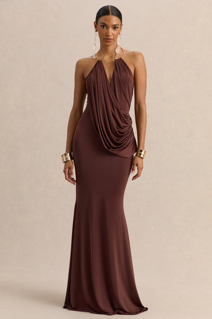Chanterra | Brown Halter-Neck Maxi Dress With Draped-Detailing