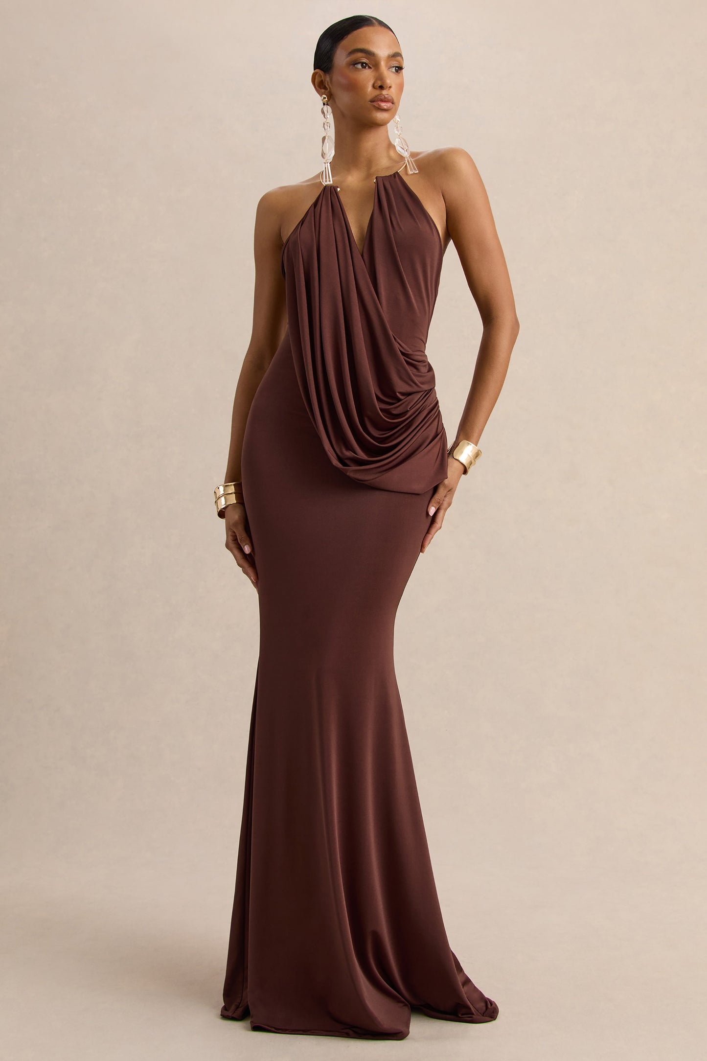 Chanterra | Brown Halter-Neck Maxi Dress With Draped-Detailing
