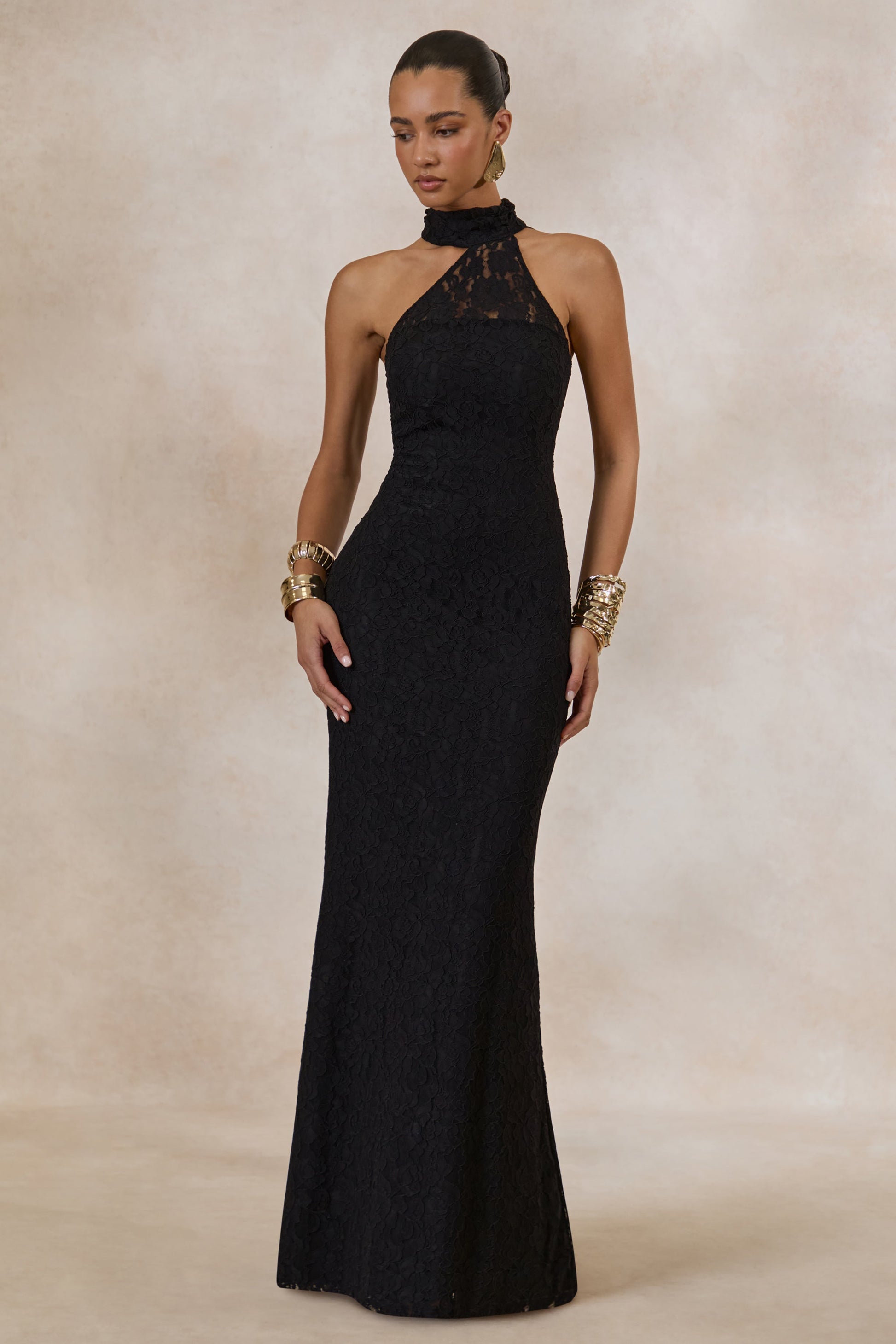 Almaria | Black Lace Asymmetric-Neck Maxi Dress With Collar-Detail