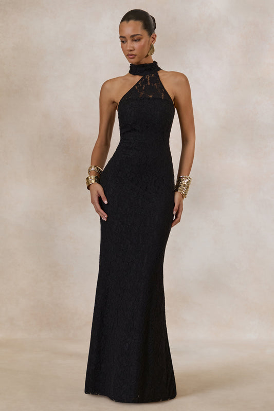 Almaria | Black Lace Asymmetric-Neck Maxi Dress With Collar-Detail