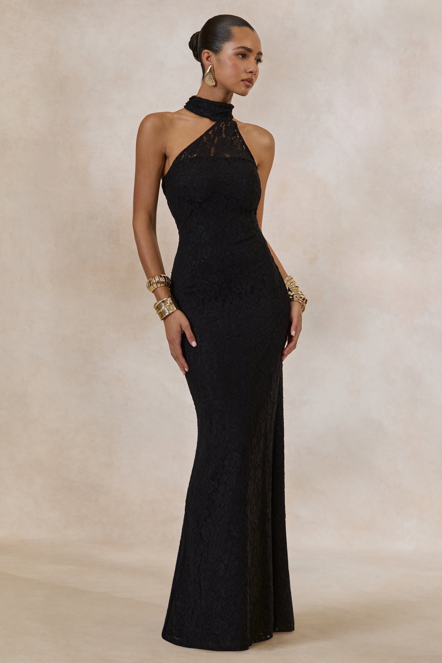 Almaria | Black Lace Asymmetric-Neck Maxi Dress With Collar-Detail