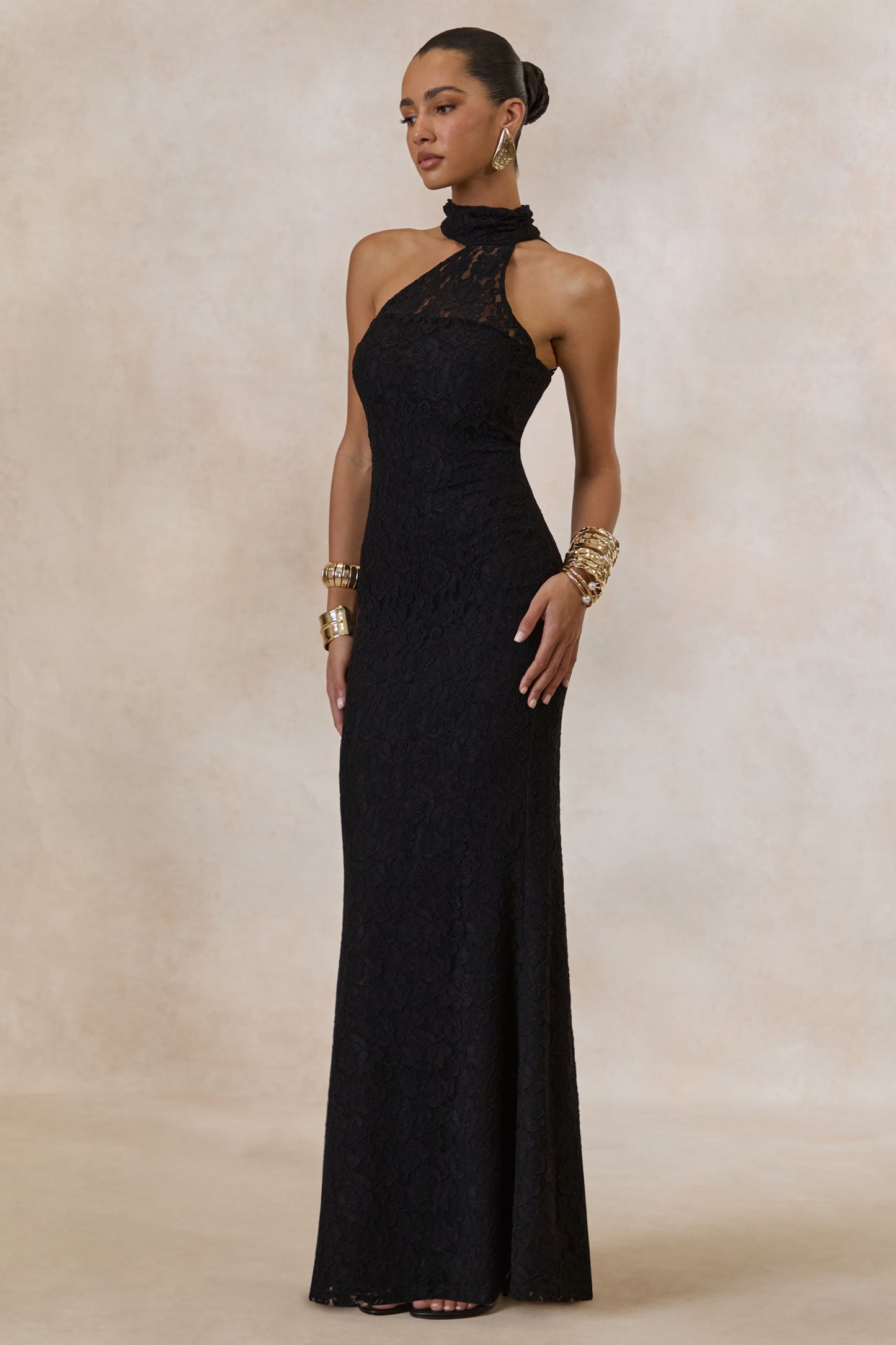 Almaria | Black Lace Asymmetric-Neck Maxi Dress With Collar-Detail