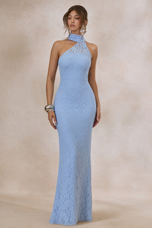 Almaria | Powder Blue Lace Asymmetric-Neck Maxi Dress With Collar-Detail