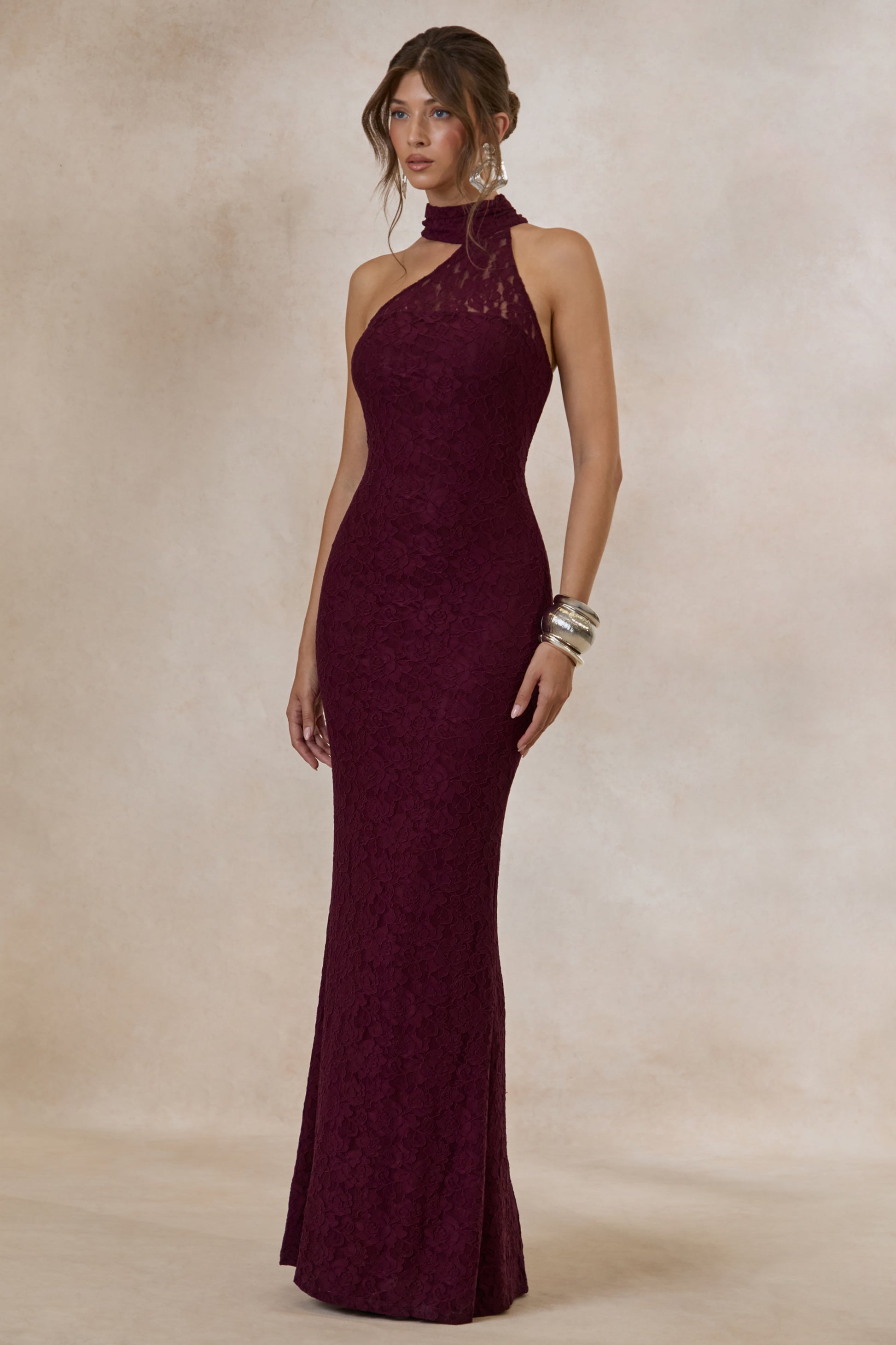 Almaria | Burgundy Lace Asymmetric-Neck Maxi Dress With Collar-Detail