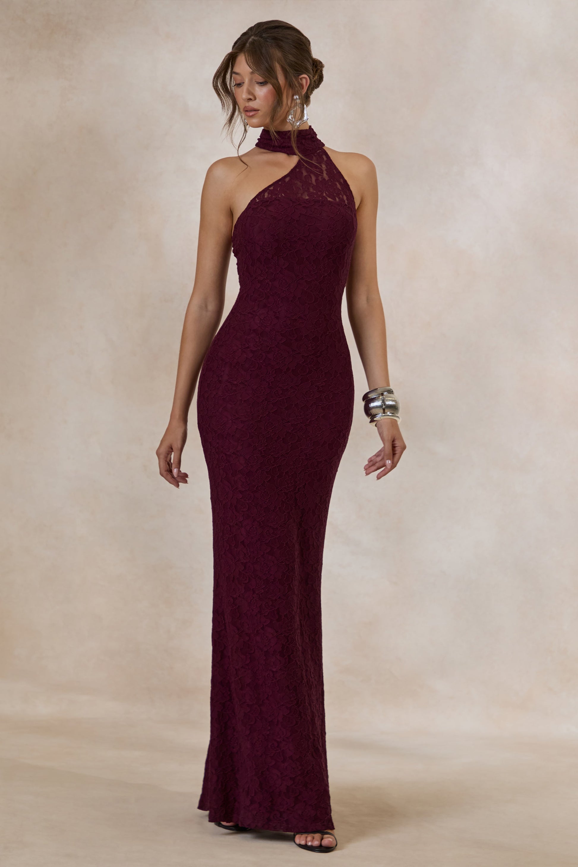 Almaria | Burgundy Lace Asymmetric-Neck Maxi Dress With Collar-Detail