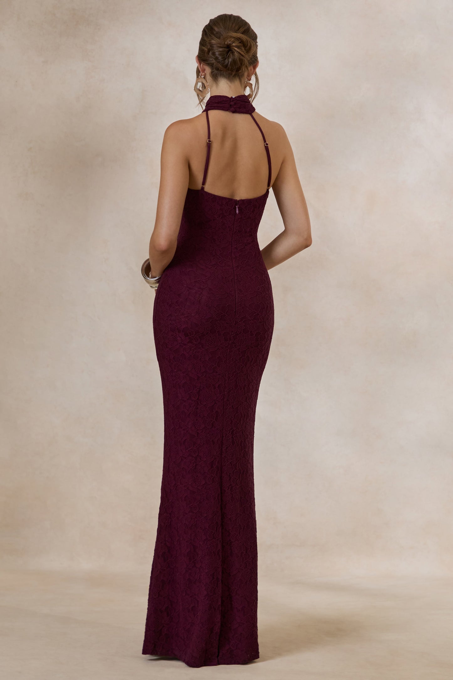 Almaria | Burgundy Lace Asymmetric-Neck Maxi Dress With Collar-Detail