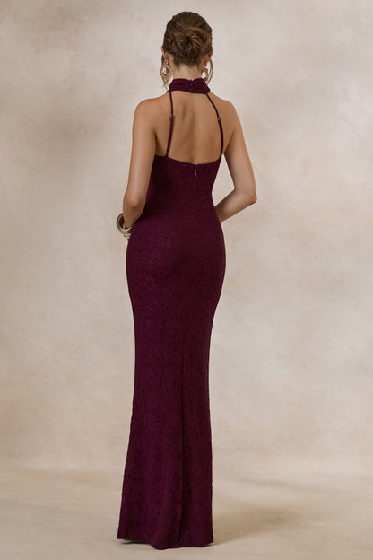Almaria | Burgundy Lace Asymmetric-Neck Maxi Dress With Collar-Detail