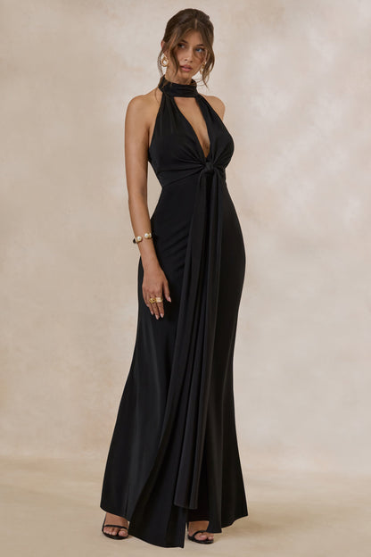 Canella | Black Satin Halter-Neck Maxi Dress With Sash-Detail