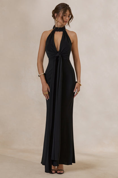 Canella | Black Satin Halter-Neck Maxi Dress With Sash-Detail