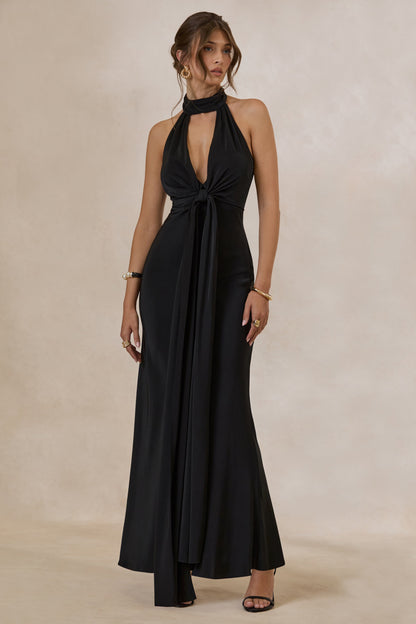 Canella | Black Satin Halter-Neck Maxi Dress With Sash-Detail