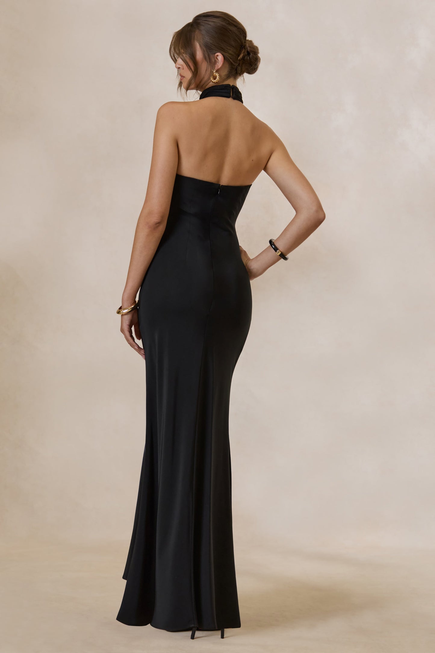 Canella | Black Satin Halter-Neck Maxi Dress With Sash-Detail