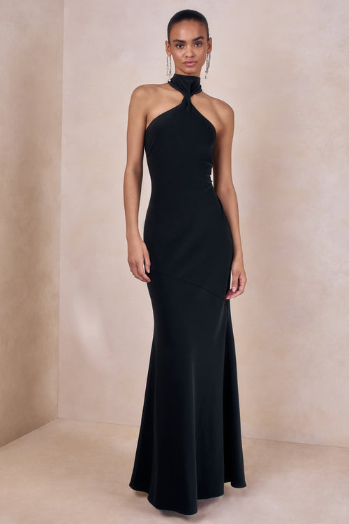 Bellora | Black Satin Halter-Neck Maxi Dress With Scarf-Detail