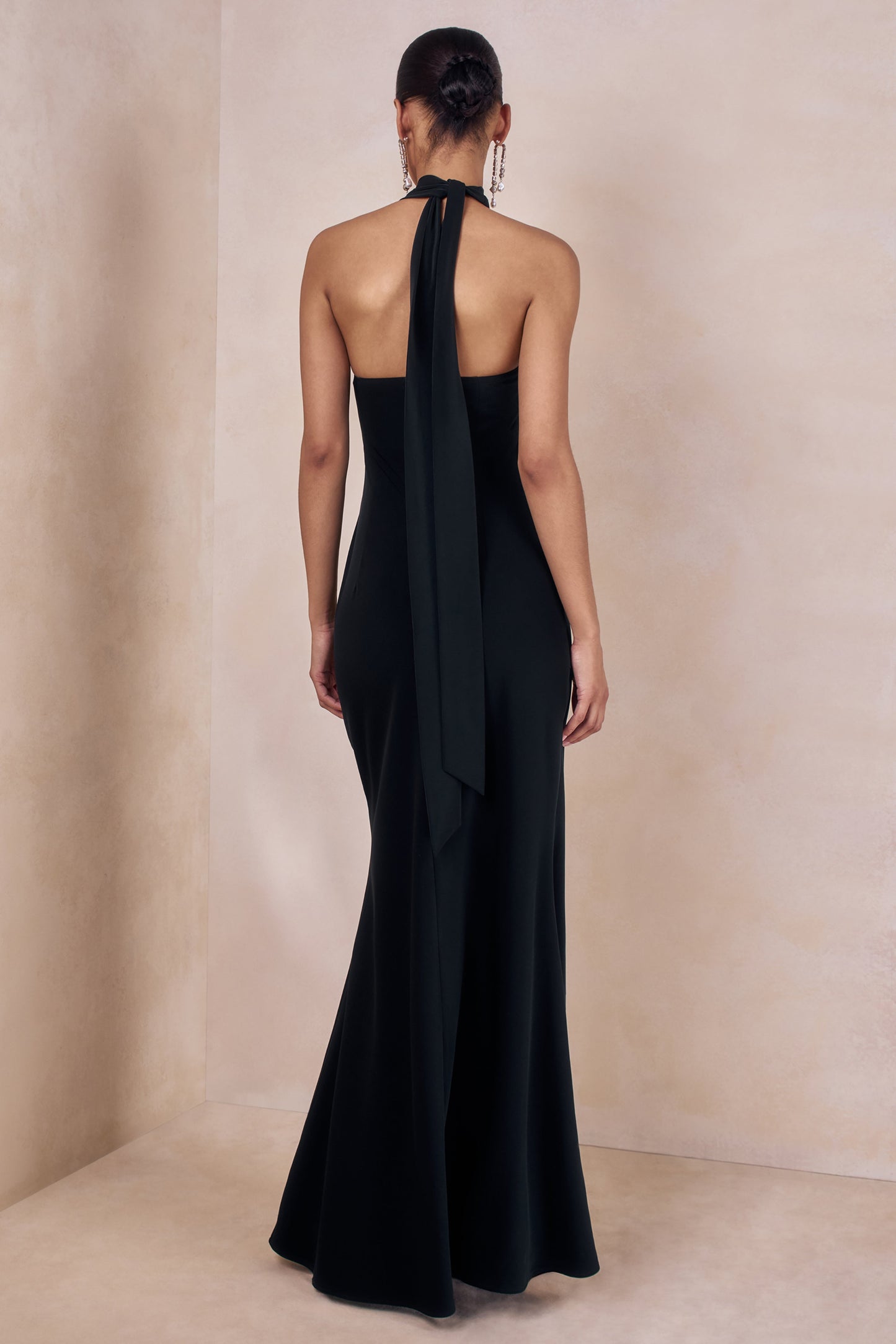Bellora | Black Satin Halter-Neck Maxi Dress With Scarf-Detail