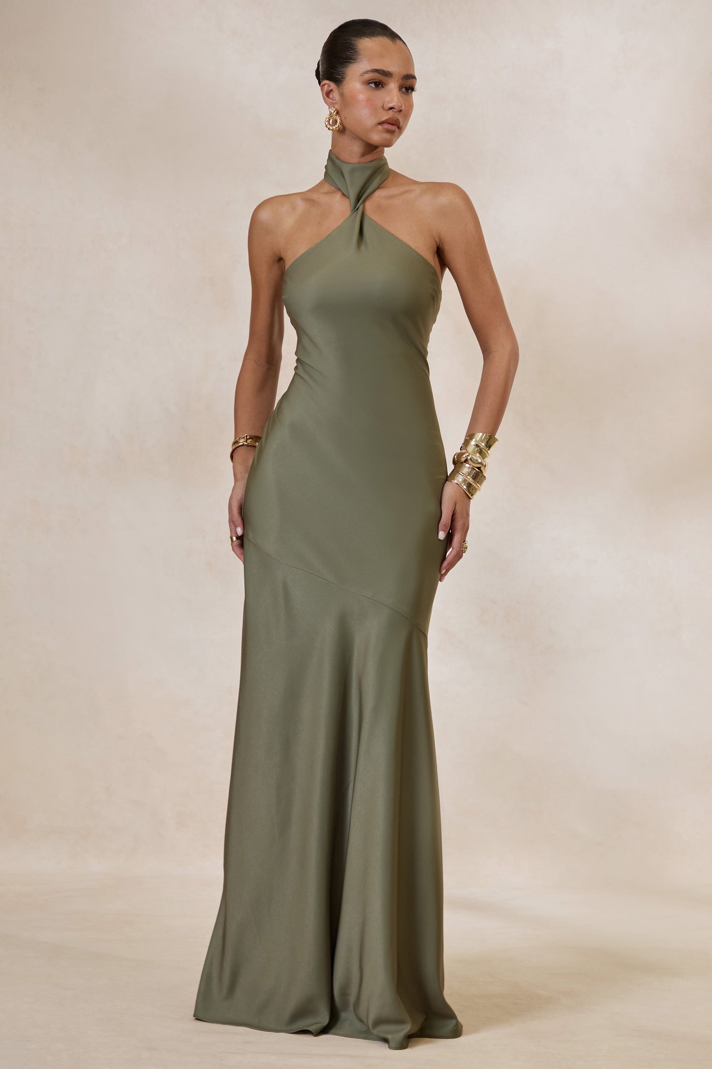 Bellora | Khaki Satin Halter-Neck Maxi Dress With Scarf-Detail