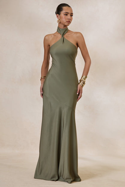 Bellora | Khaki Satin Halter-Neck Maxi Dress With Scarf-Detail
