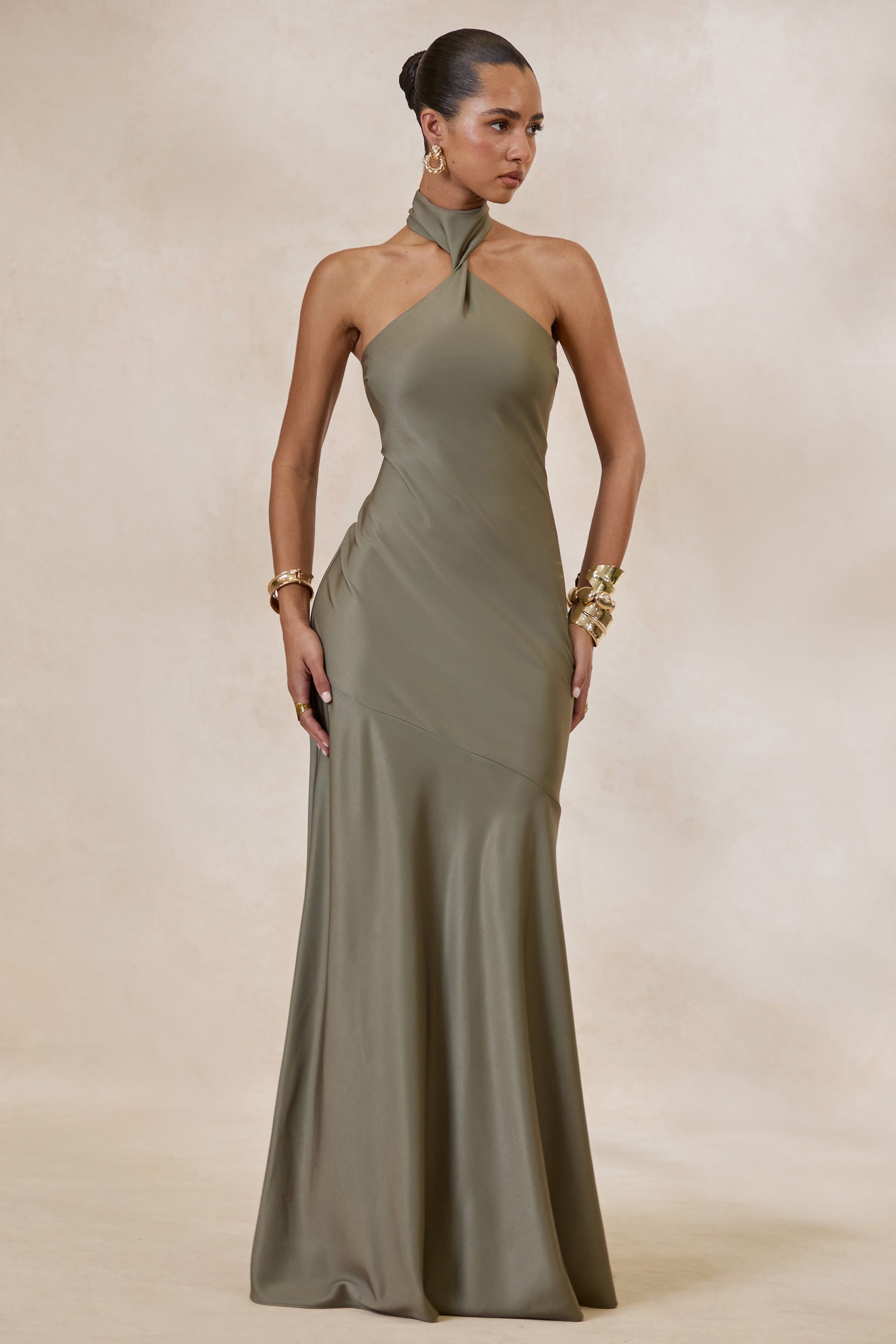 Bellora | Khaki Satin Halter-Neck Maxi Dress With Scarf-Detail