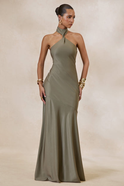 Bellora | Khaki Satin Halter-Neck Maxi Dress With Scarf-Detail