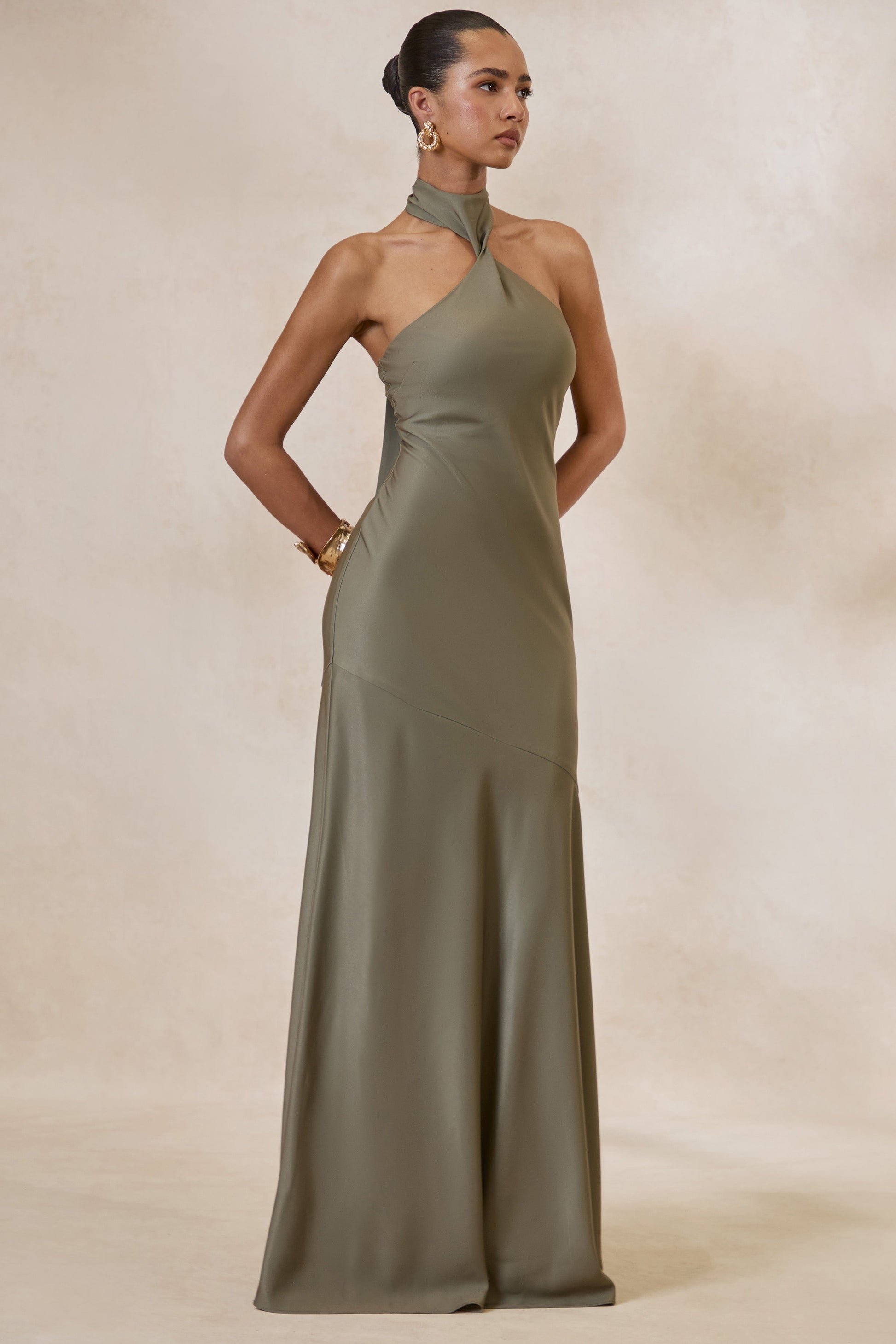 Bellora | Khaki Satin Halter-Neck Maxi Dress With Scarf-Detail