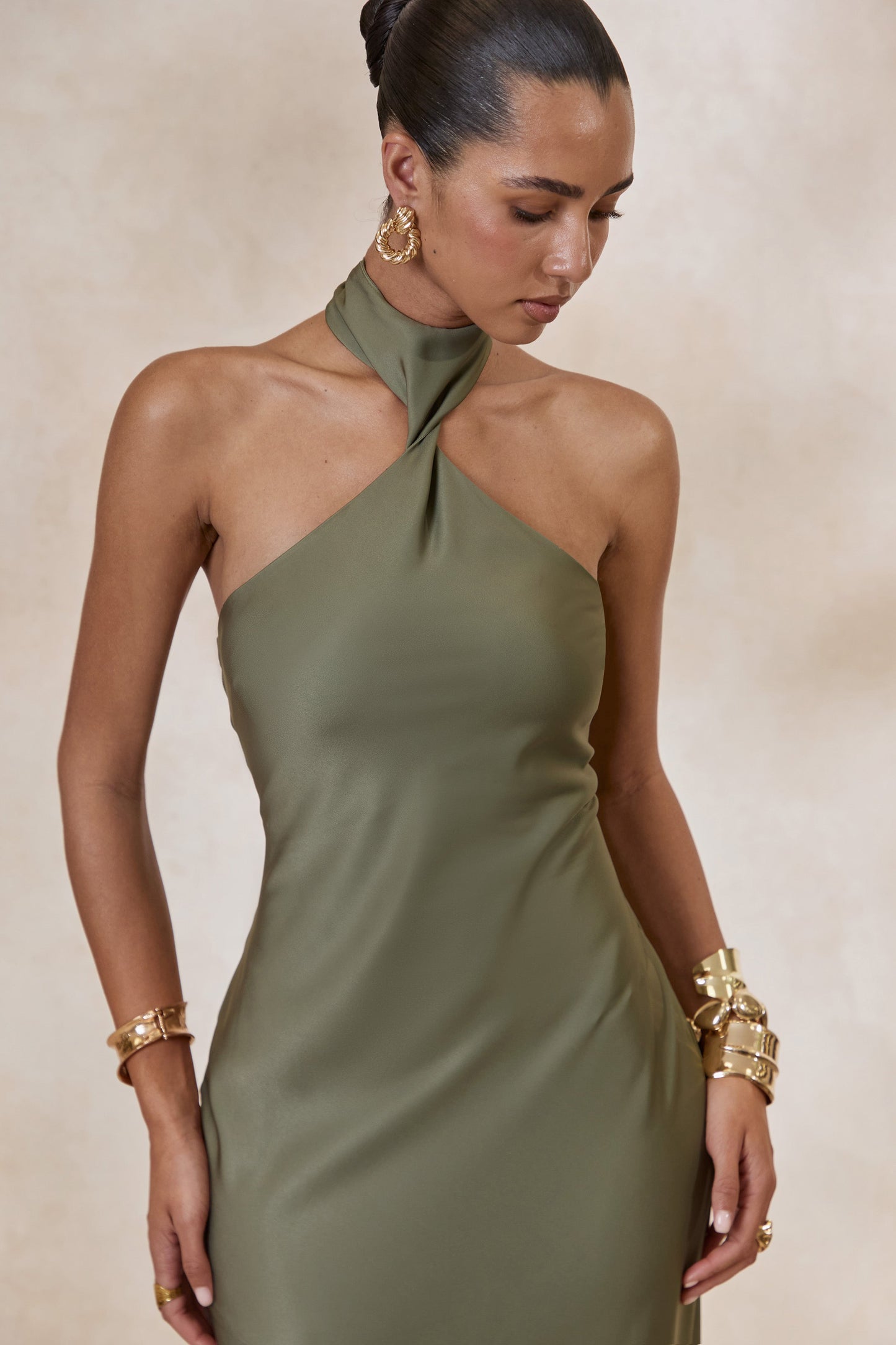 Bellora | Khaki Satin Halter-Neck Maxi Dress With Scarf-Detail