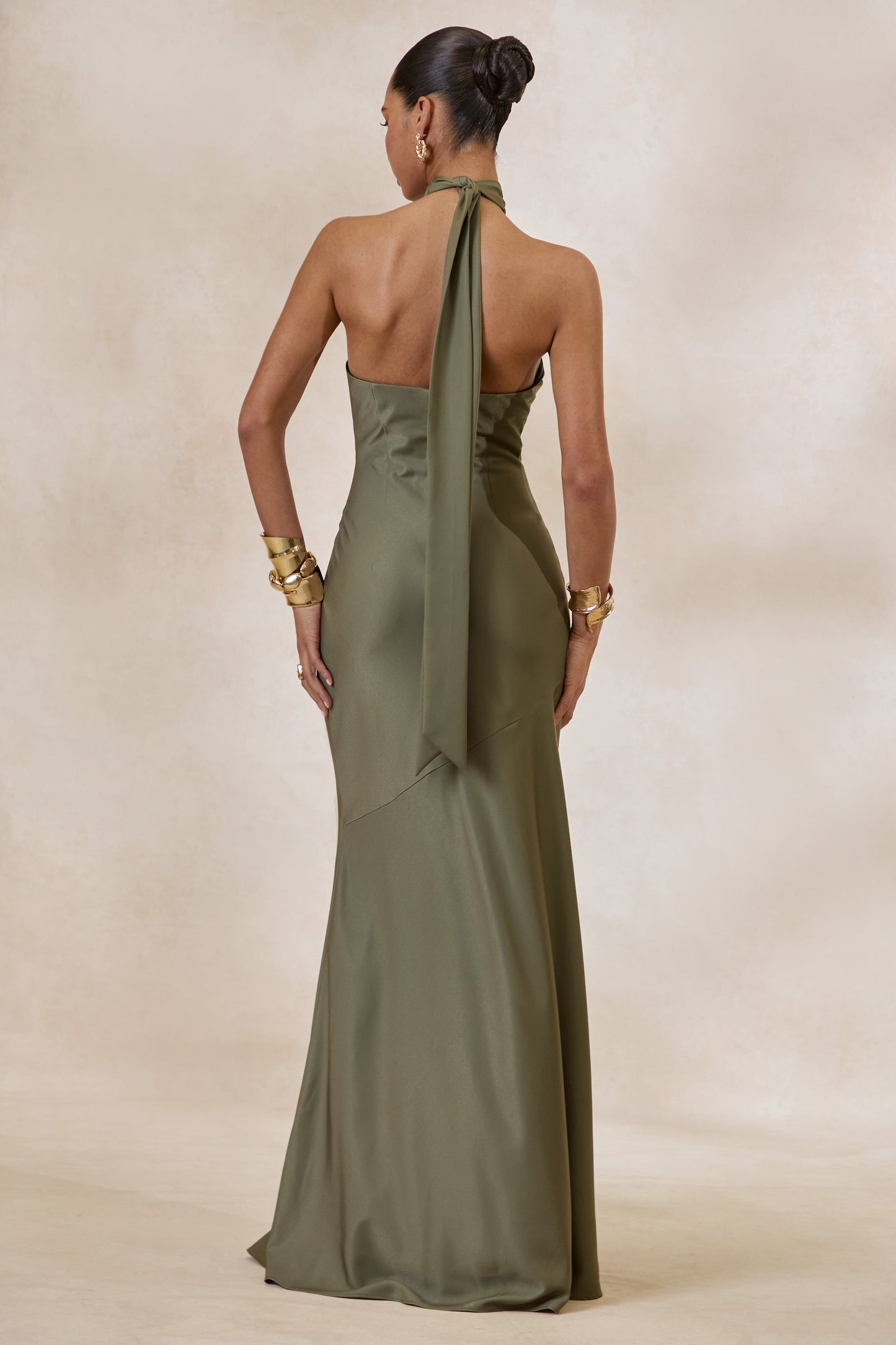 Bellora | Khaki Satin Halter-Neck Maxi Dress With Scarf-Detail