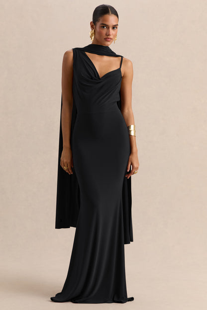 Armelia | Black Cowl-Neck Maxi Dress With Scarf-Detail