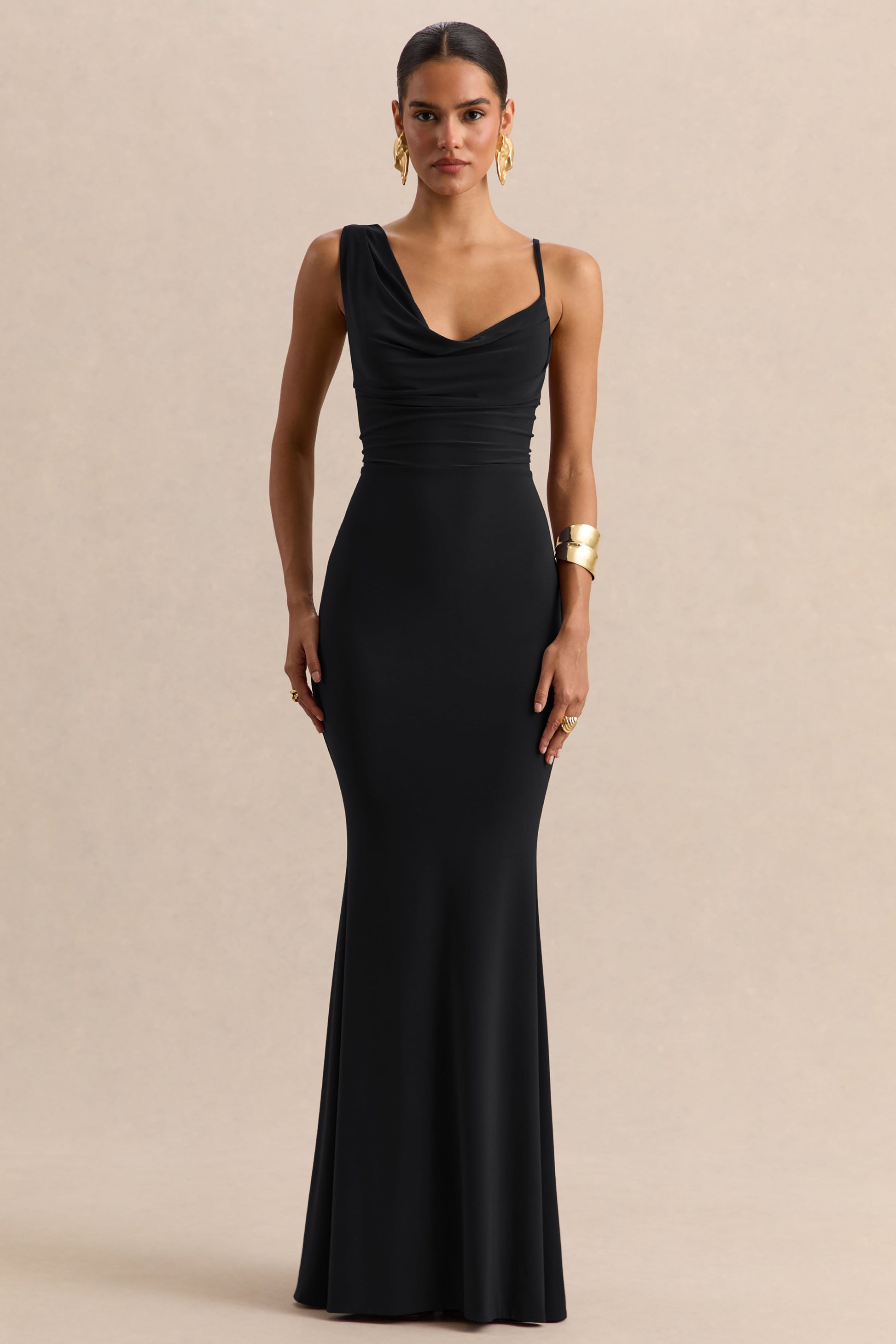 Armelia | Black Cowl-Neck Maxi Dress With Scarf-Detail