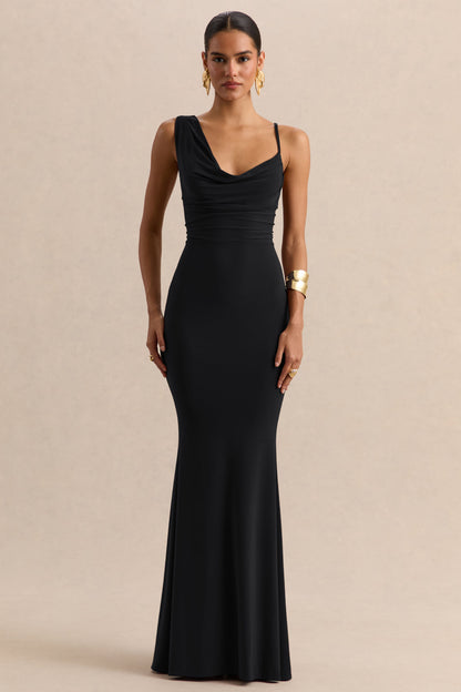 Armelia | Black Cowl-Neck Maxi Dress With Scarf-Detail
