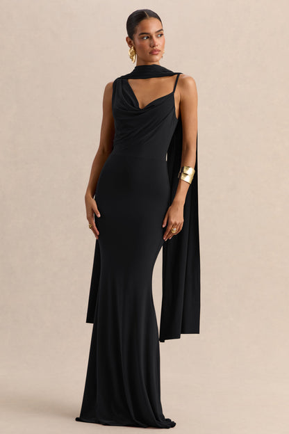 Armelia | Black Cowl-Neck Maxi Dress With Scarf-Detail