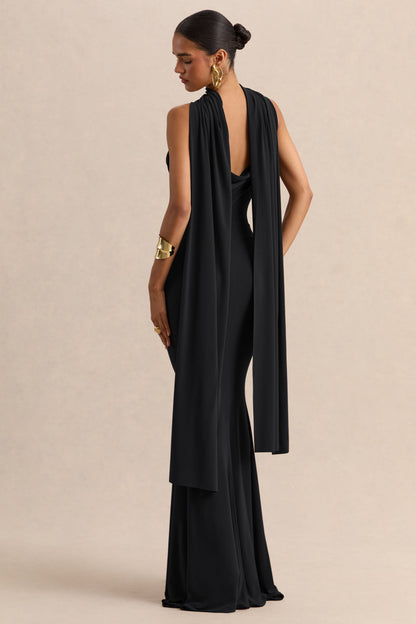 Armelia | Black Cowl-Neck Maxi Dress With Scarf-Detail