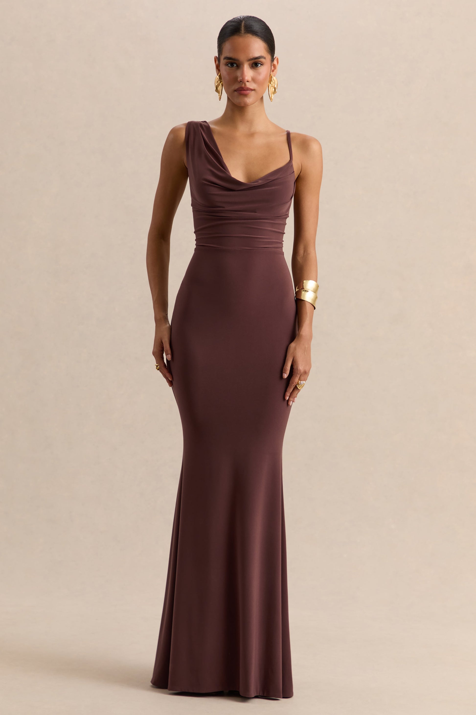 Armelia | Brown Cowl-Neck Maxi Dress With Scarf-Detail