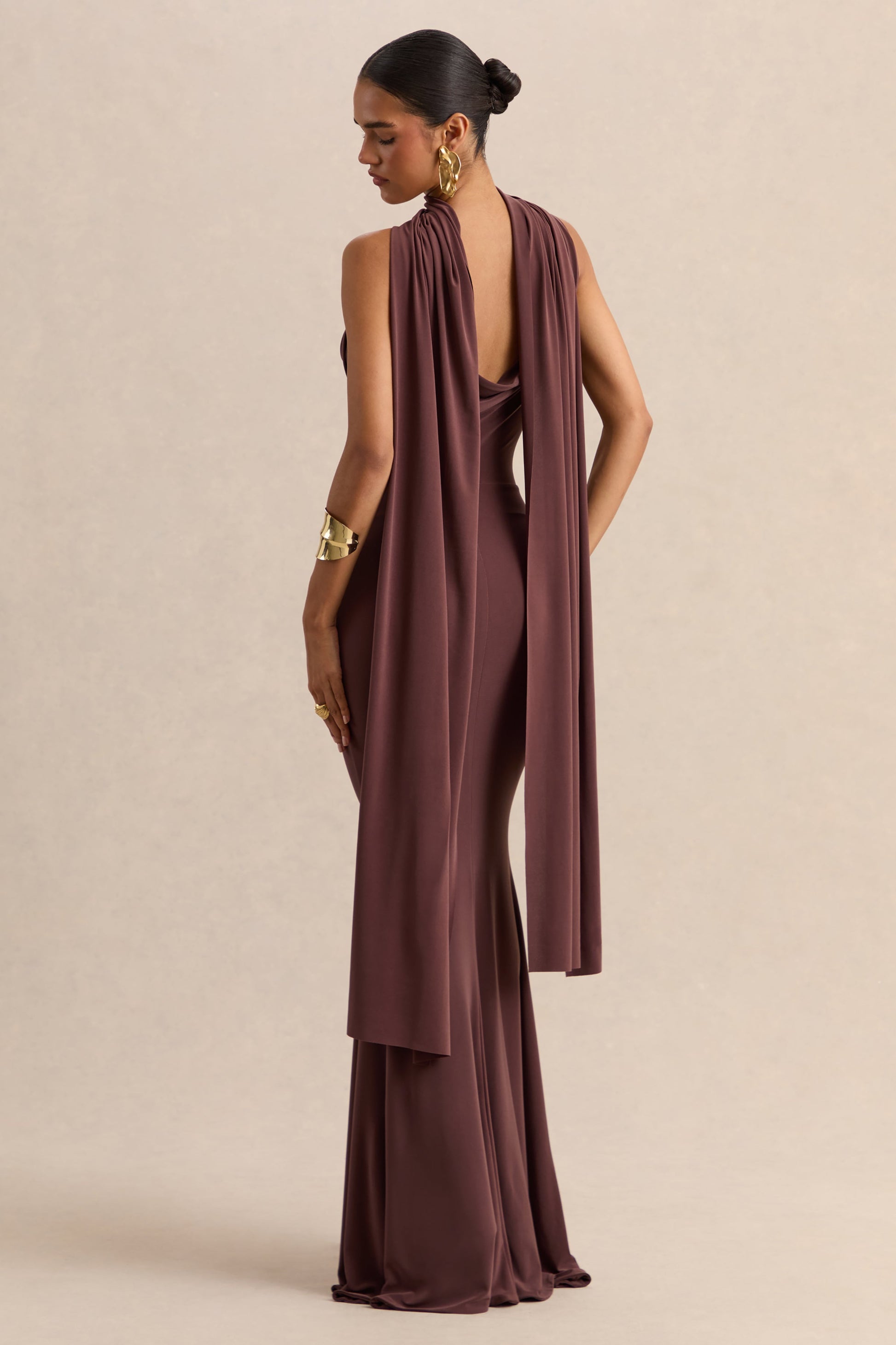 Armelia | Brown Cowl-Neck Maxi Dress With Scarf-Detail