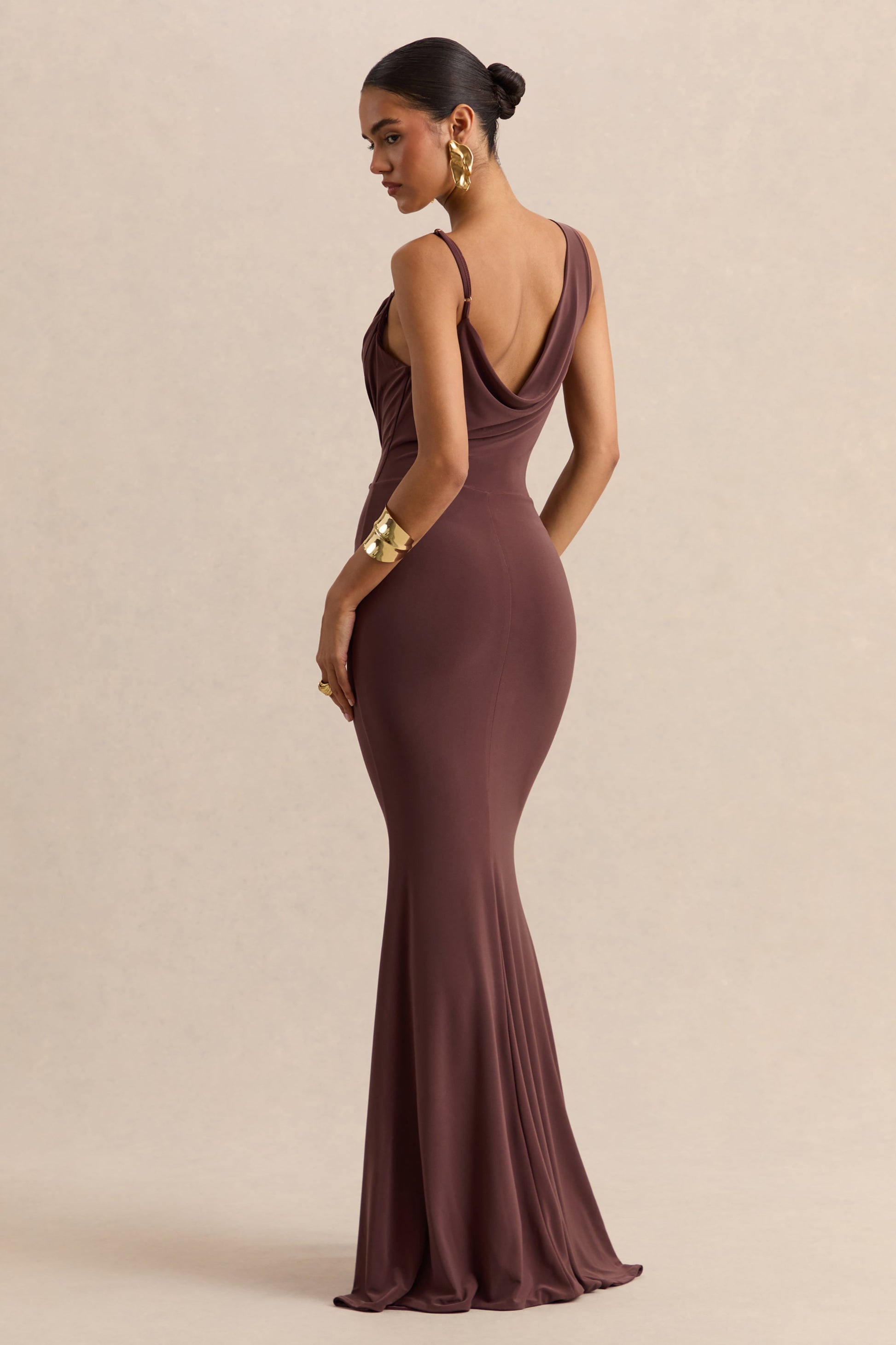 Armelia | Brown Cowl-Neck Maxi Dress With Scarf-Detail