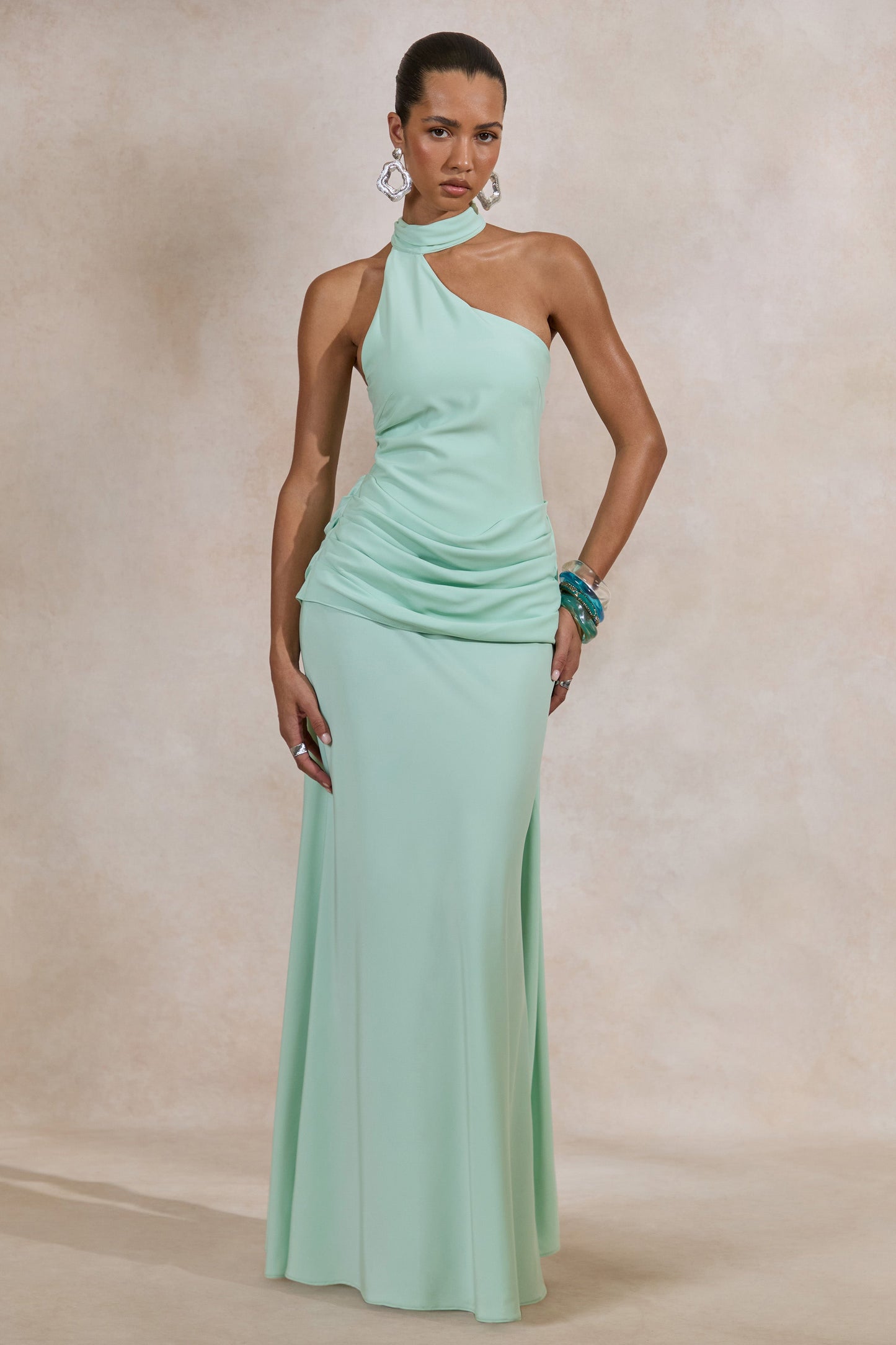 Aevina | Mint Satin Asymmetric-Neck Maxi Dress With Scarf-Detail