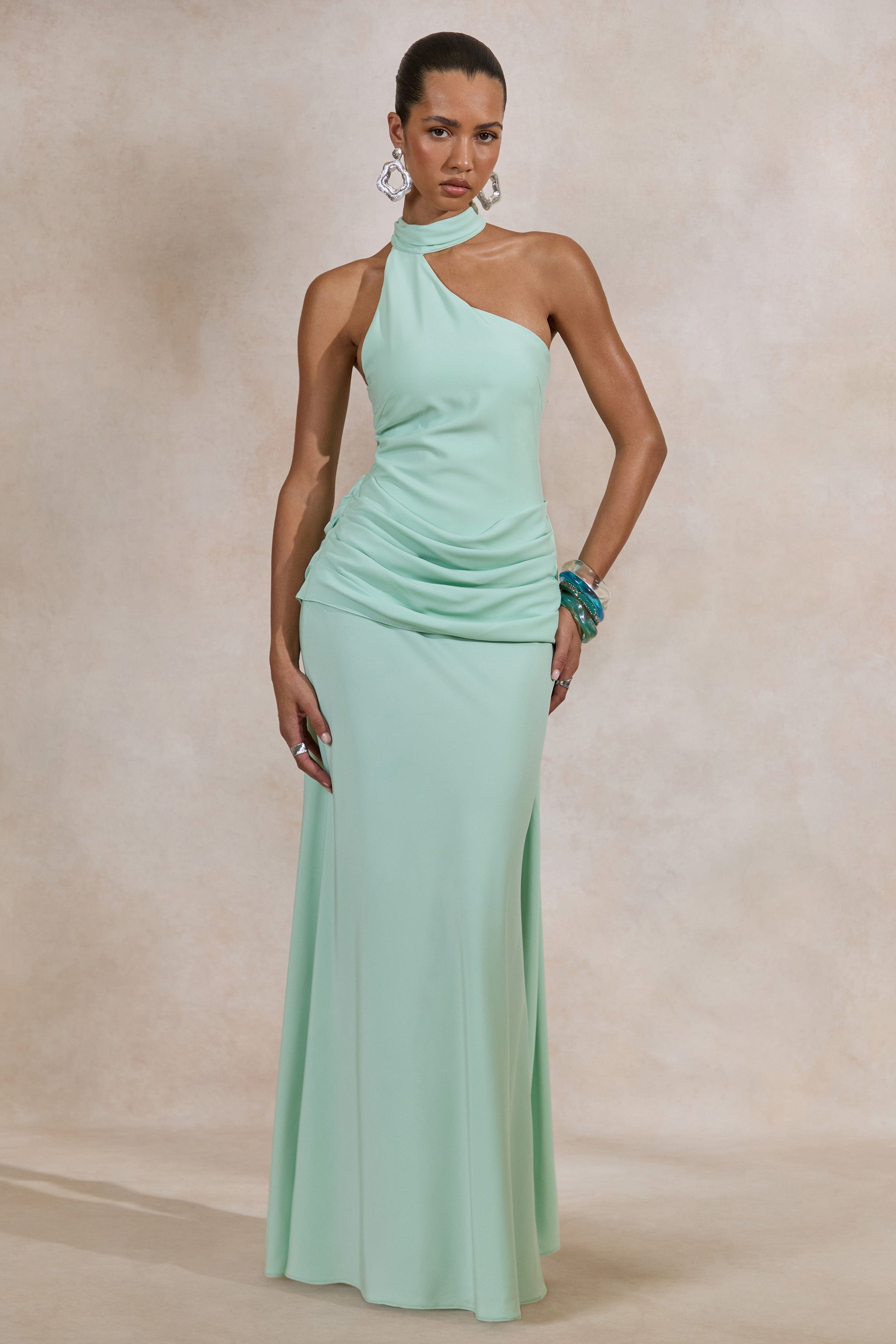Aevina | Mint Satin Asymmetric-Neck Maxi Dress With Scarf-Detail
