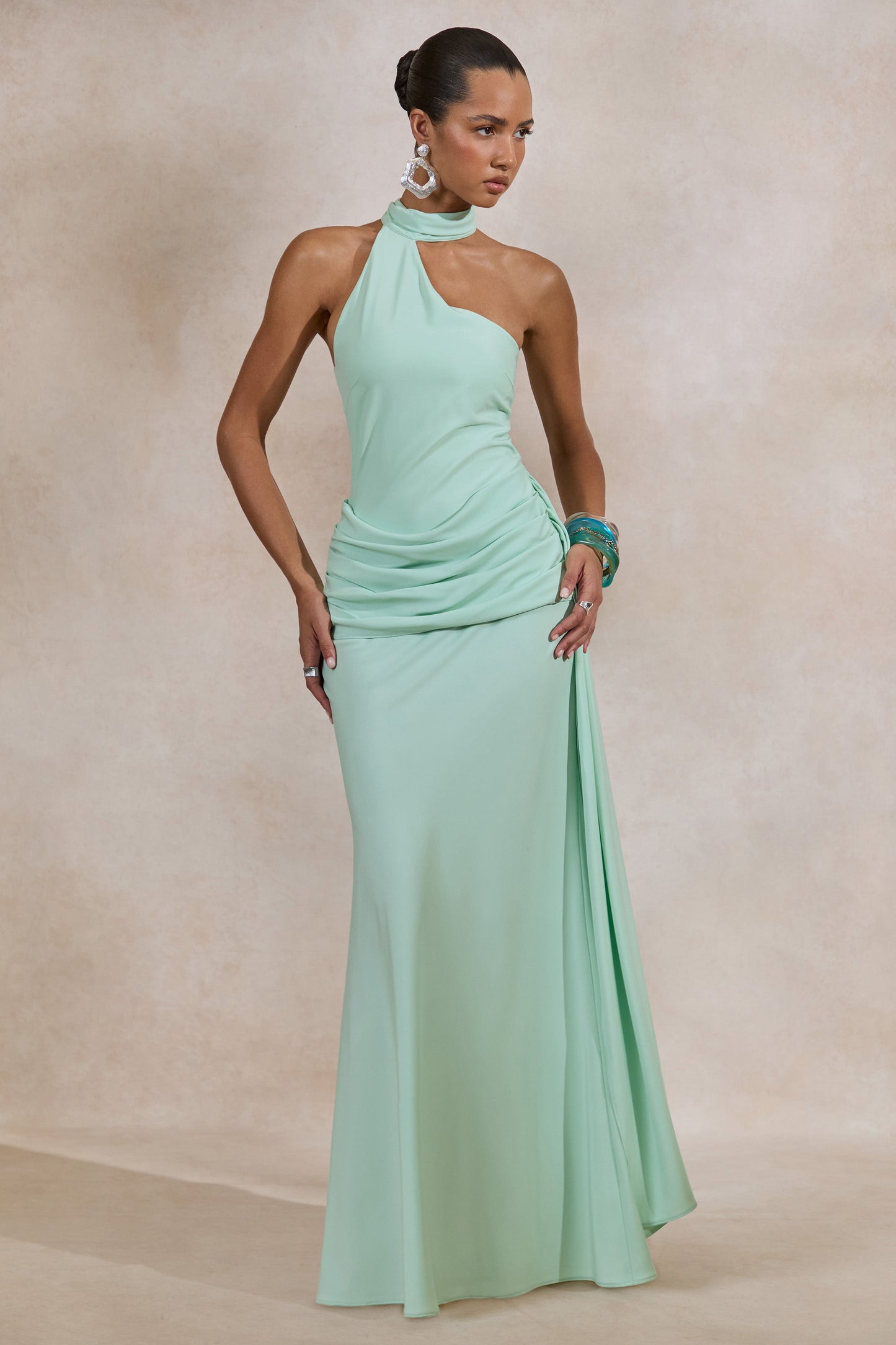 Aevina | Mint Satin Asymmetric-Neck Maxi Dress With Scarf-Detail