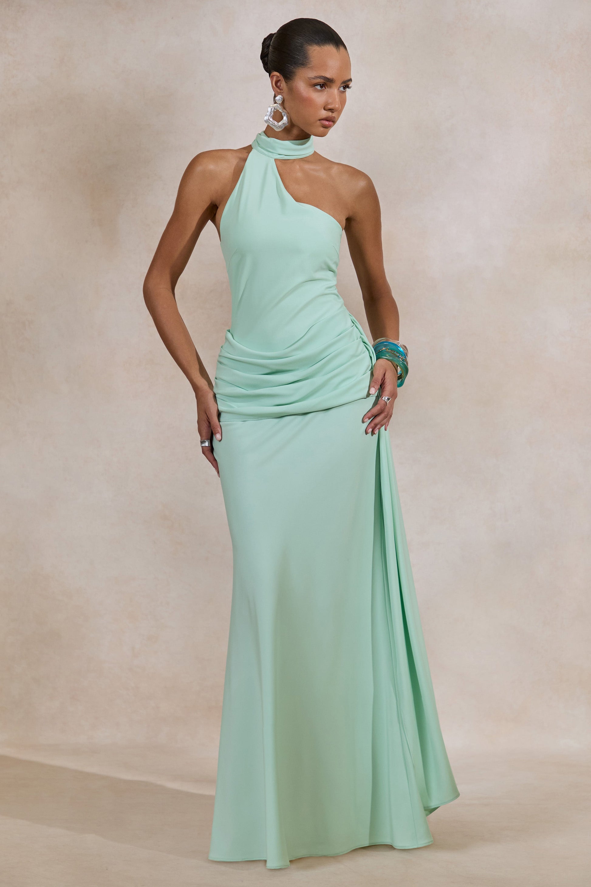 Aevina | Mint Satin Asymmetric-Neck Maxi Dress With Scarf-Detail