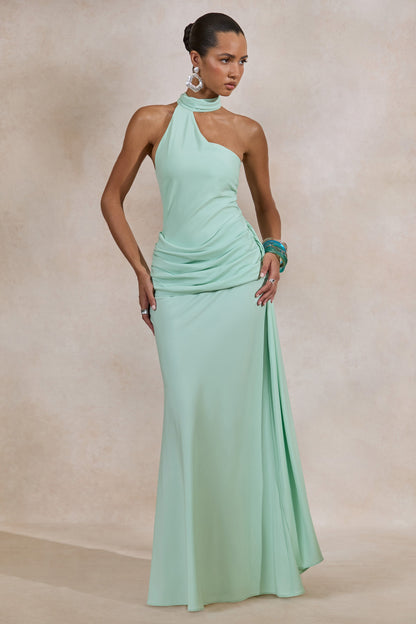 Aevina | Mint Satin Asymmetric-Neck Maxi Dress With Scarf-Detail