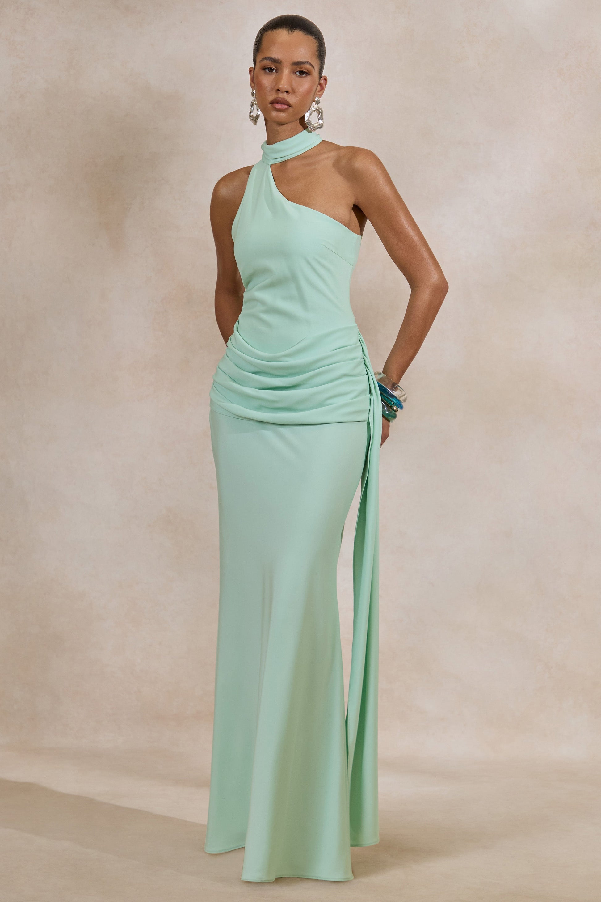 Aevina | Mint Satin Asymmetric-Neck Maxi Dress With Scarf-Detail