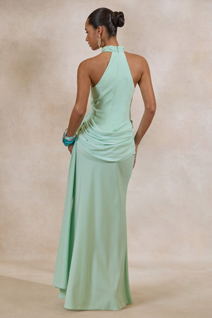Aevina | Mint Satin Asymmetric-Neck Maxi Dress With Scarf-Detail