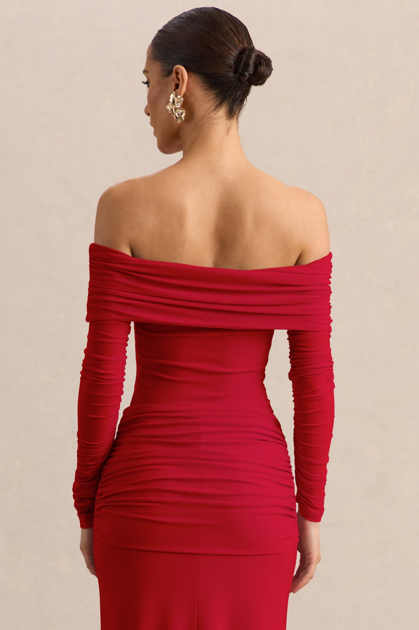 Helia | Red Bardot Neck Thong Bodysuit With Ruched Long Sleeves