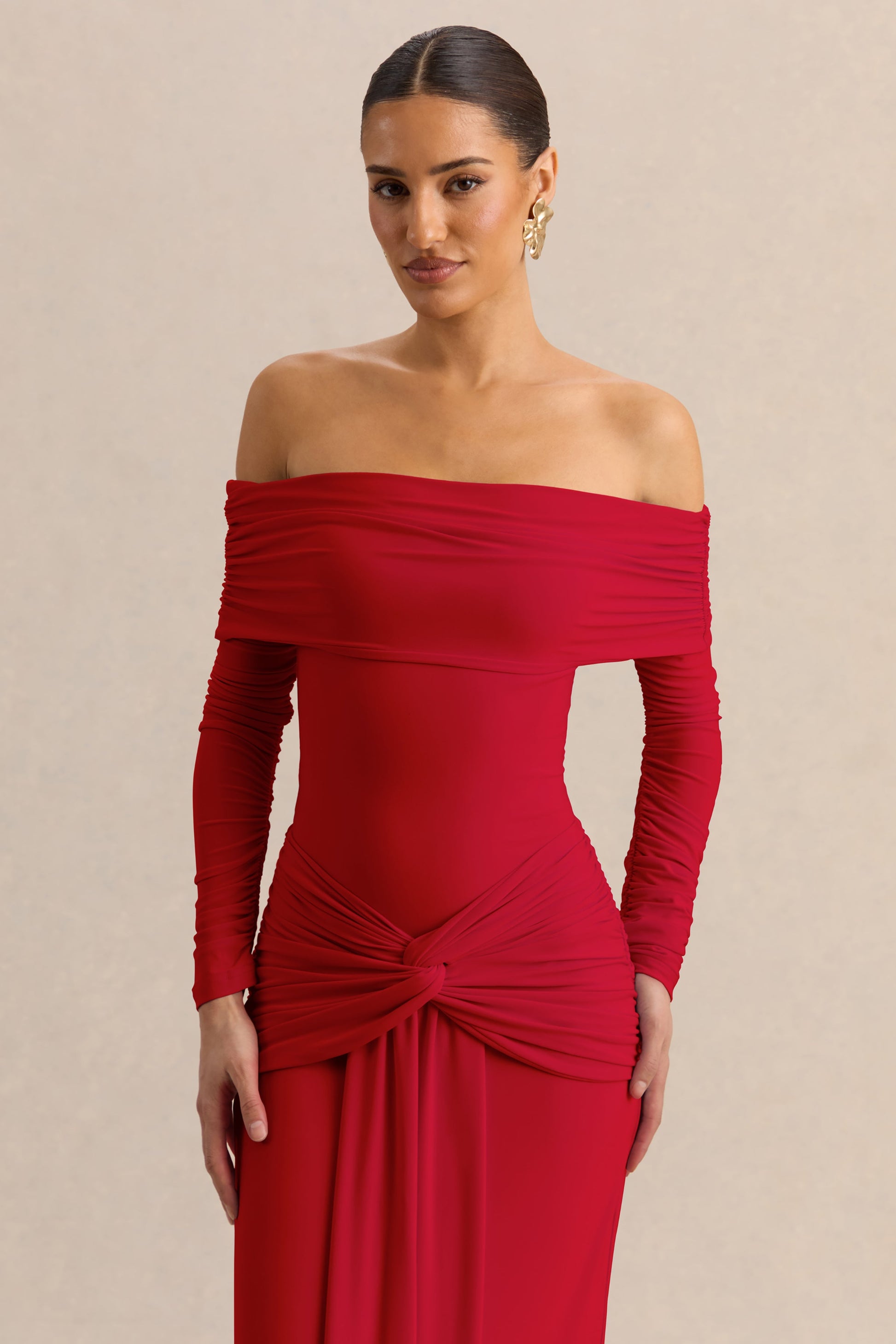 Helia | Red Bardot Neck Thong Bodysuit With Ruched Long Sleeves