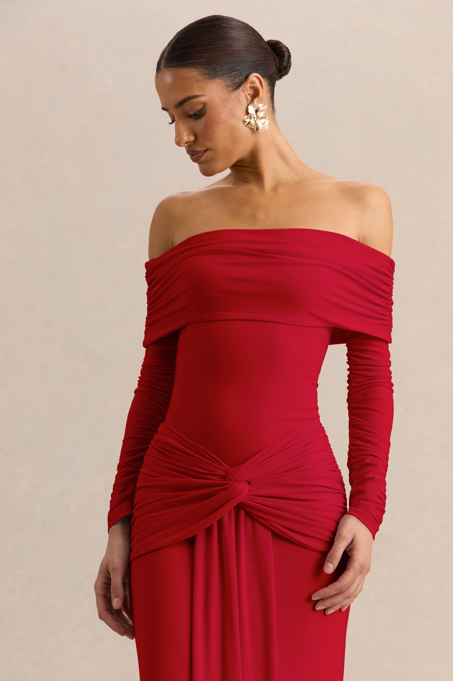 Helia | Red Bardot Neck Thong Bodysuit With Ruched Long Sleeves