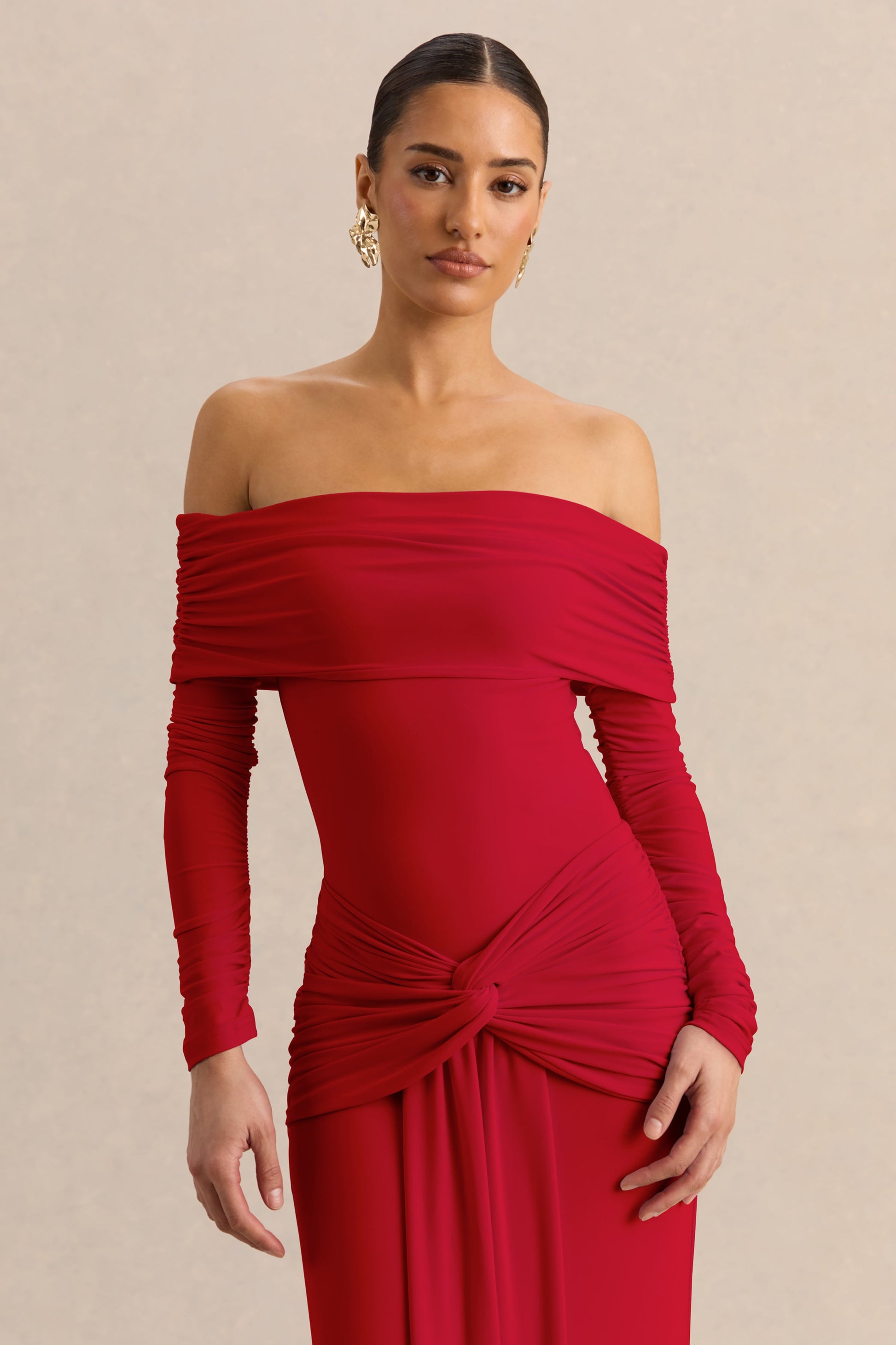 Helia | Red Bardot Neck Thong Bodysuit With Ruched Long Sleeves